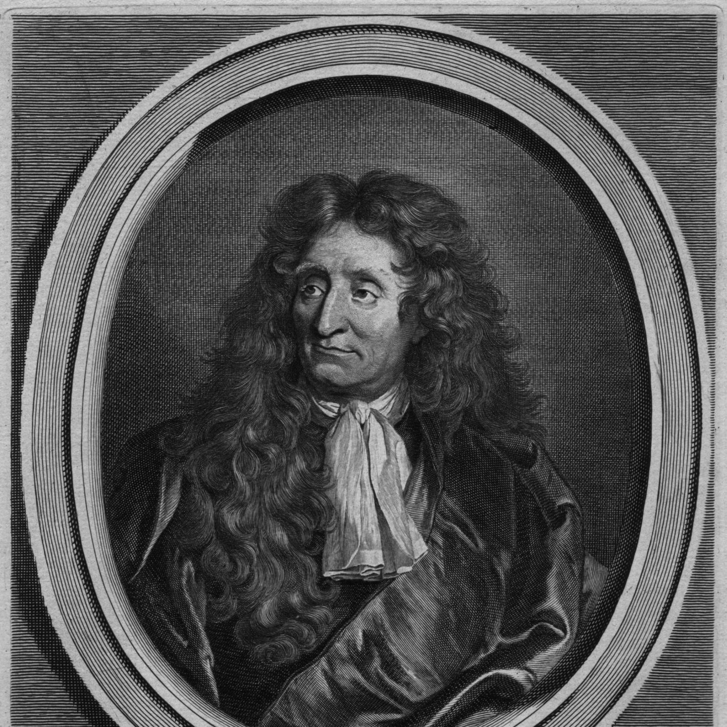 Jean de La Fontaine <br>Gérard Edelinck, d'après Hyacinthe Rigaud, 1696, gravure<br><small>© Ville de Château-Thierry - Musée Jean de La Fontaine</small>