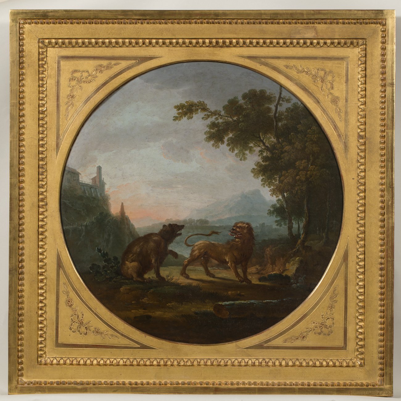 La Lionne et l'Ourse <br>Jean-Baptiste Claudot, XVIIIe siècle, huile sur bois<br><small>© Musée Jean de La Fontaine, Château-Thierry - Jean-Yves Lacôte</small>