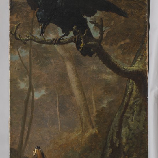 Le Corbeau et le Renard <br>Léon Rousseau, XIXe siècle, huile sur toile<br><small>© Musée Jean de La Fontaine, Château-Thierry - Jean-Yves Lacôte</small>