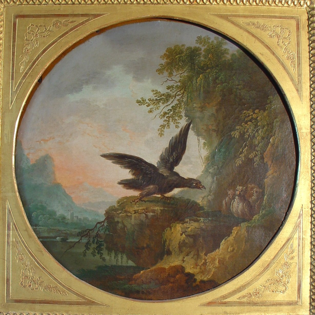L'Aigle et le Hibou <br>Jean-Baptiste Claudot, XVIIIe siècle, huile sur bois<br><small>© Musée Jean de La Fontaine, Château-Thierry - Jean-Yves Lacôte</small>